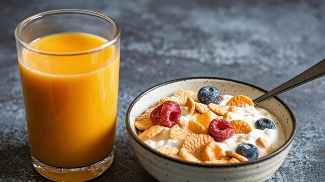 Breakfast with cereal and juice
