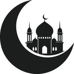 Crescent Moon with Mosque Silhouette - Islamic Religious Vector Illustration