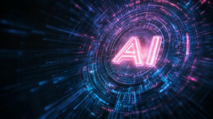 AI  glowing and neon blue color on dark background.