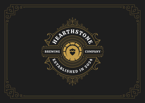 Vintage flourishes filigree ornament brew beer logo with hops design template vector illustration. Elegant luxury classical Victorian golden swirl emblem for craft brewery malt pub bar brewery