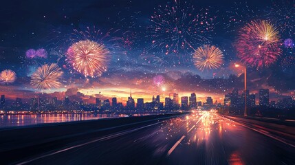 Vibrant fireworks explode over a cityscape at night, light trails streak across a highway.