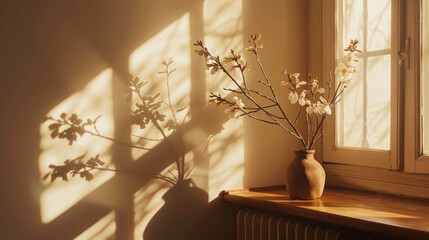 Sunlit vase with delicate floral branches casting a soft shadow on the wall