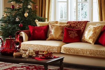 Red and gold traditional, warm, festive atmosphere at living room with christmas tree and couch sofa