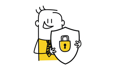 Cartoon man hold shield with padlock inside. Concept of data security technology flat vector illustration. Hand drawn vector illustration. Black and white.