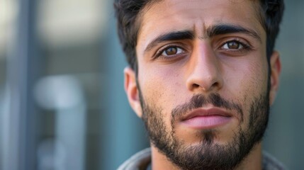 Obraz premium Close-up portrait of a young man with a serious expression.