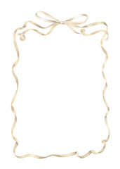 A vintage style watercolor illustration featuring a satin ribbon tied in a bow around an oval frame border. The pastel beige and neutral tones satin wreath for cards. Hand drawn in white background