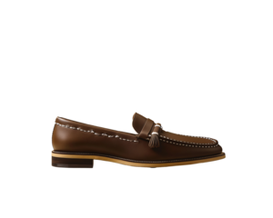 a brown loafer with white stitching