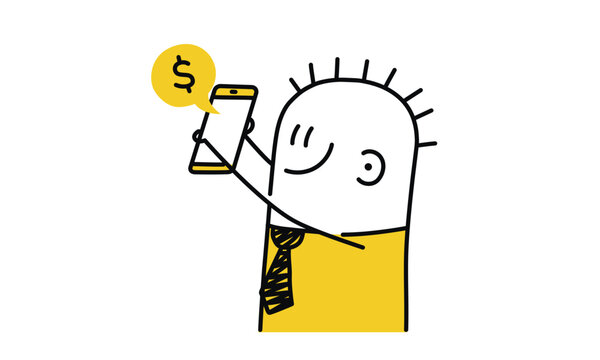 Cartoon man holding a cell phone with a dollar sign on it. He is smiling and looking at the camera. Hand drawn vector illustration. Black and white.