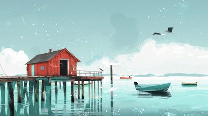 Tranquil Coastal Fishery Scene with Red Shack