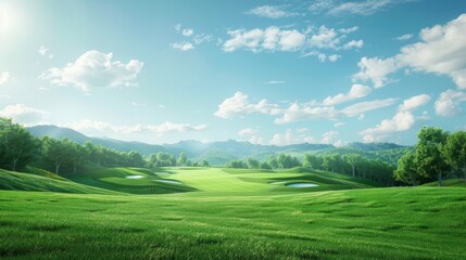 Fototapeta premium Serene Golf Course Landscape Under Clear Blue Sky