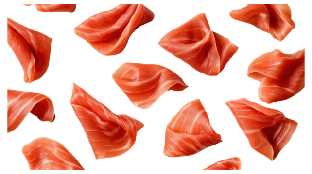 Slices of salmon laid out on a white background