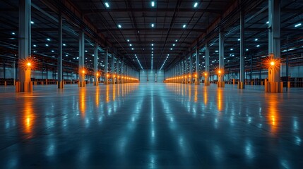 Spacious interior of an empty warehouse showcasing minimalist shelving, clean design with lots of open space