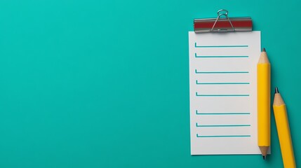 Fototapeta premium A blank checklist with two yellow pencils on a teal background.
