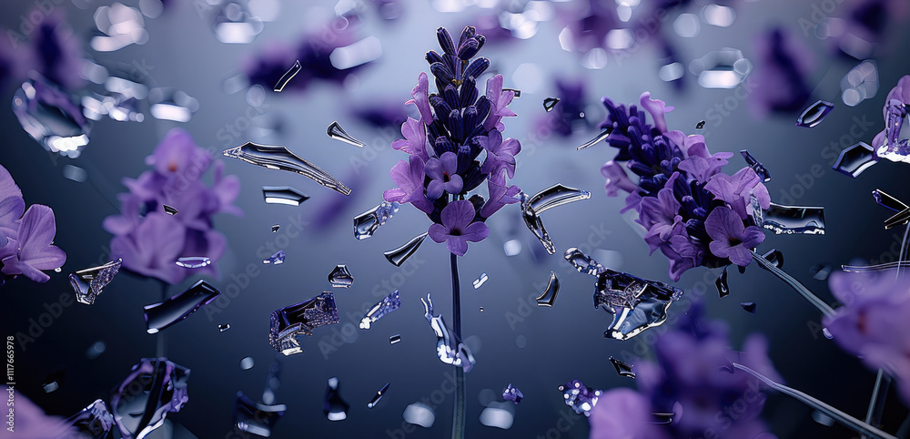 Aufkleber A wet lavender and broken glass shards with raindrops around it exploding and jumping.