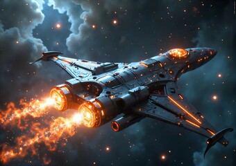 Dynamic spacecraft igniting thrusters amidst stellar nebula, digital art of sci fi concept.