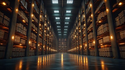 Fototapeta premium Interior design of an empty warehouse with sleek shelving units and a spacious, open-plan layout in 3D rendering.