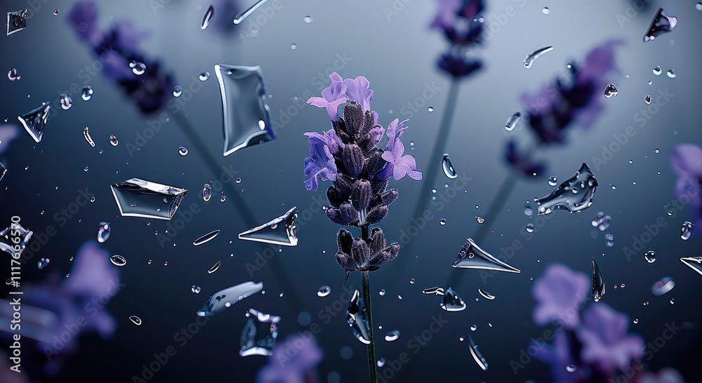 Aufkleber A wet lavender and broken glass shards with raindrops around it exploding and jumping.