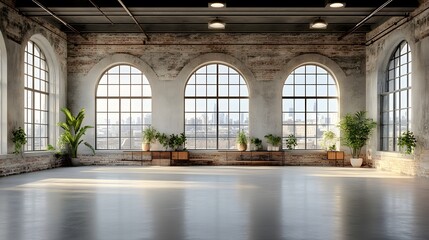 Fototapeta premium Interior design of an empty warehouse with sleek shelving units and a spacious, open-plan layout in 3D rendering.