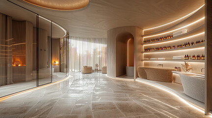An interior spa salon with curved glass facade walls each with sheer curtains for privacy, the main entrance features neutral stone floors and earthy lighting and retail shelving.