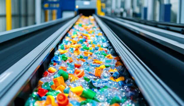 Recycling Plastic Bottles and Caps on Conveyor Belt in Fac ry Managing Waste Efficiently