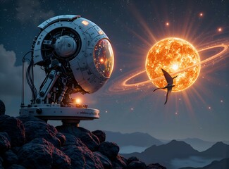 Futuristic telescope gazing at a glowing star with a pterodactyl in a surreal landscape, digital artwork of sci fi fantasy concept.