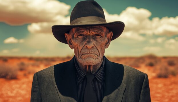 portrait of elderly man in black suit and hat stares intently into the camera in desert