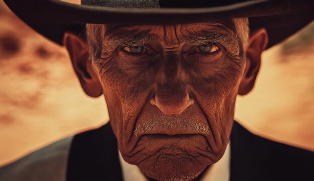 close-up of elderly man in black suit and hat stares intently into the camera in desert