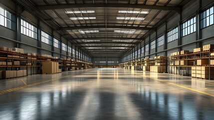Obraz premium Spacious empty warehouse with contemporary shelving design and clean, bright interior in 3D