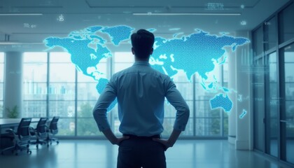 A man stands confidently with his hands on his hips, gazing at a holographic world map projected in vibrant blue against a sleek, modern office backdrop. The scene captures a moment of inspiration and