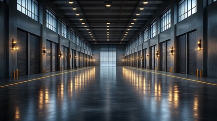 Spacious and modern empty warehouse with steel shelving and polished floors in 3D design