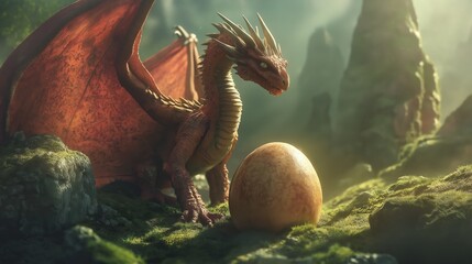 Dragon hatches from an egg in a mystical fantasy setting surrounded by nature