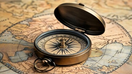 Antique compass on vintage world map. (5)