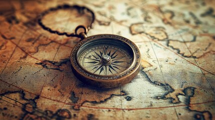 Antique compass on vintage world map. (6)