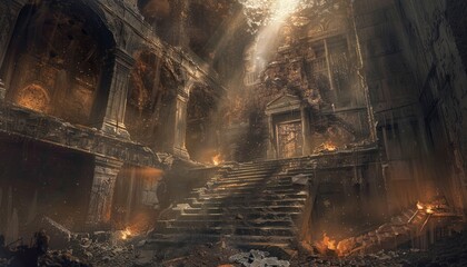 Ancient Ruined Temple Sunlit Staircase