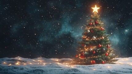 Elegant Christmas Tree Illuminated in Snowy Wonderland Under Starry Night Sky