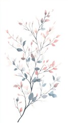 A delicate illustration of a floral branch with soft pastel leaves.