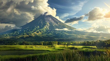 Fototapeta premium Scenic Mayon Volcano in Philippines Under Dramatic Sky