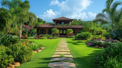 Fototapeta premium Lush tropical garden path leading to a stunning, Spanish-style villa.