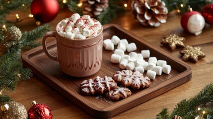 Fototapeta premium Cozy Wooden Tray with Hot Cocoa and Marshmallows