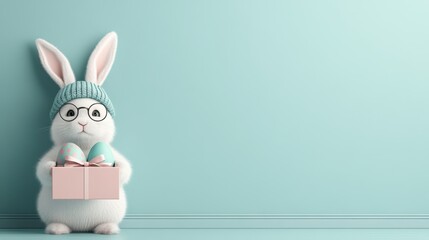 Cute bunny wearing glasses and hat holds gift box with pastel easter eggs