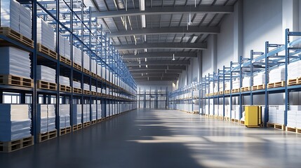 Fototapeta premium Spacious industrial warehouse with high shelves and abundance of natural light : Generative AI