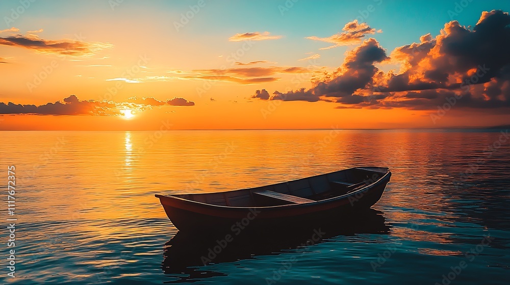 Poster serene boat on a beautiful sunset over a calm ocean romantic nature scene relaxing atmosphere : gene