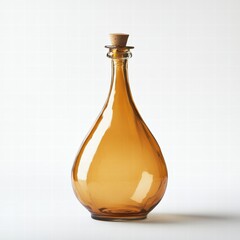Amber Glass Bottle Still Life Photography A Detailed Close-Up of an Elegant, Teardrop-Shaped Bottle with a Cork Stopper, Isolated on a Clean White Background.