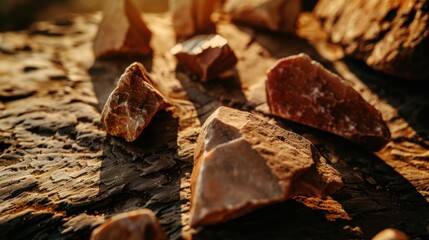 Close-up of ancient stone tools, sharp flint knives, and polished axes on a weathered wooden surface, symbolizing prehistoric craftsmanship and the dawn of human ingenuity