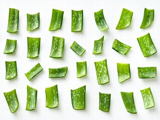 Fresh Aloe Vera Cuttings Arranged in a Pattern on White Background, Ideal for Health, Beauty, and Skincare Products.