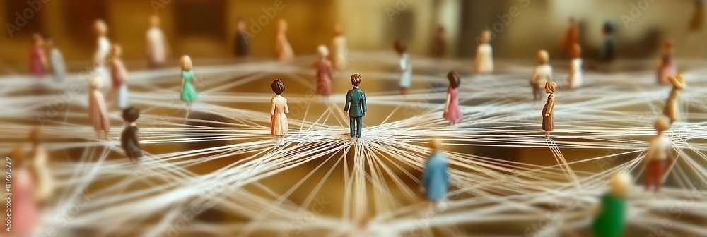 Aufkleber Miniature people connected on a web of strings showcasing social network and community collaboration : Generative AI