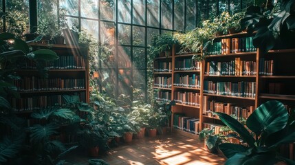 Cozy library filled with plants and sunlight 