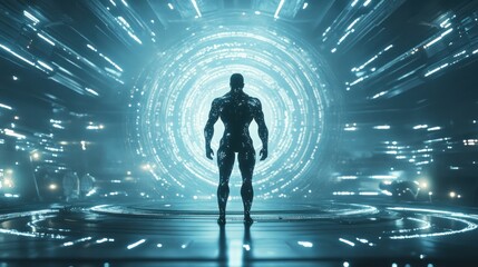 A human with a glowing exosuit enhancing strength, in a futuristic industrial environment, 