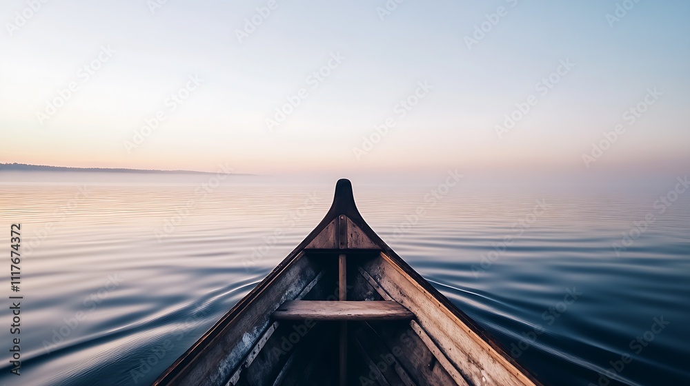Poster peaceful boat journey on serene lake at dawn with tranquil water and soft sky in the distance : gene