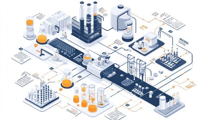 Fototapeta premium Isometric illustration of a complex industrial process with factories, pipes, and machines connected by arrows.